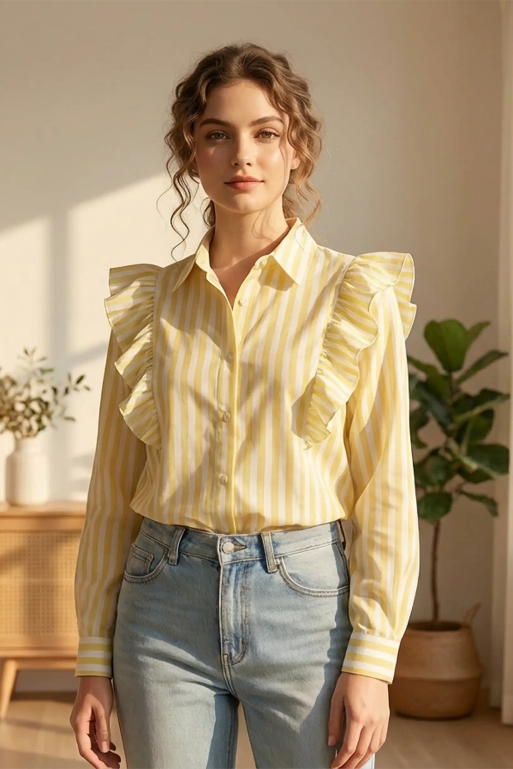 Camisa de mujer a rayas amarillas con volantes, estilo primaveral, CHICA del Sur