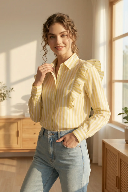 Mujer con camisa de rayas amarillas y volantes, moda casual CHICA del Sur, luz natural