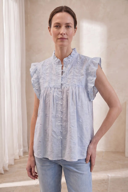 Camisa Mujer Azul Claro Bordada Volantes