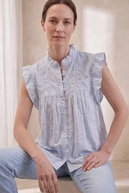 Camisa Mujer Azul Claro Bordada Volantes