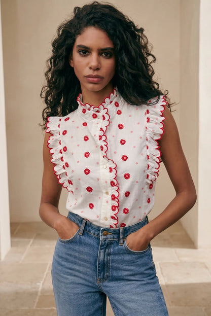 Blusa mujer blanca con bordados rojos
