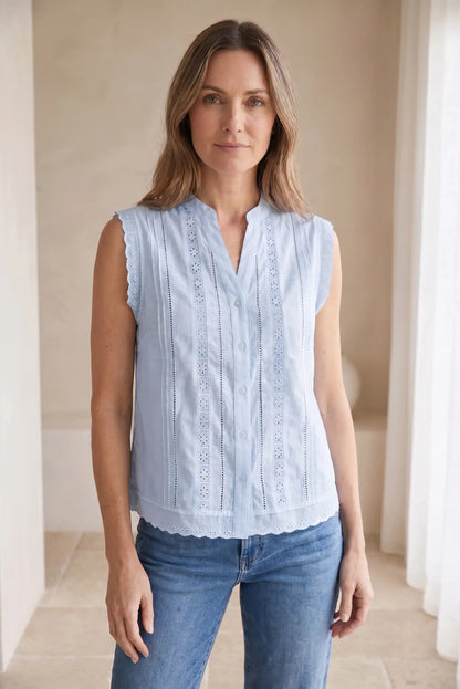 Camisa Mujer Sin Mangas Azul Celeste Bordada