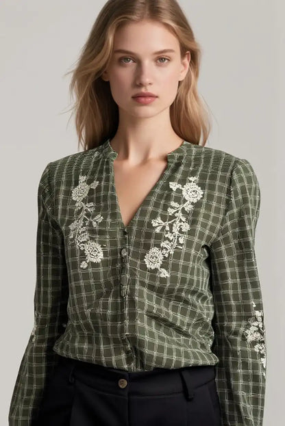 Camisa Mujer Verde Kaki Cuadros Bordados Florales Boho Chic Algodón - CHICA del Sur