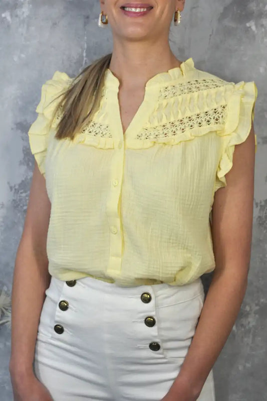Camisa sin mangas amarillo mantequilla con cuello mao – 100% algodón | Mujer primavera - CHICA del Sur