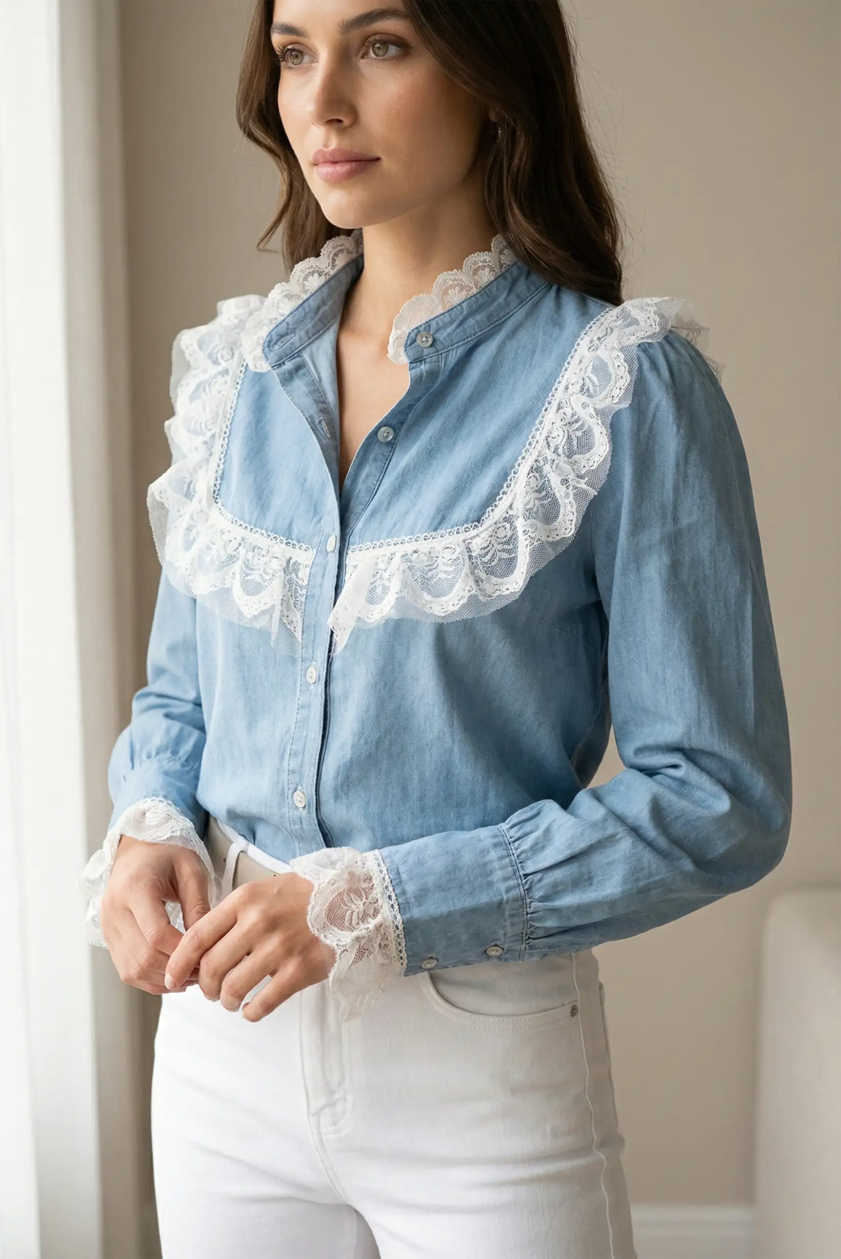 Camisa vaquera de mujer azul con volantes y encaje blanco, look casual CHICA del Sur