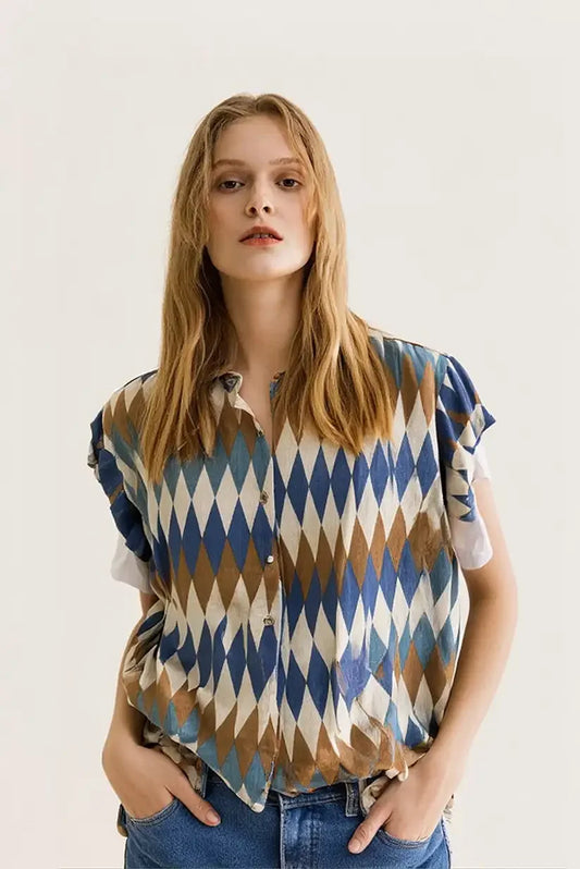 Camisa manga corta verano rombos azules y blancos - CHICA del Sur
