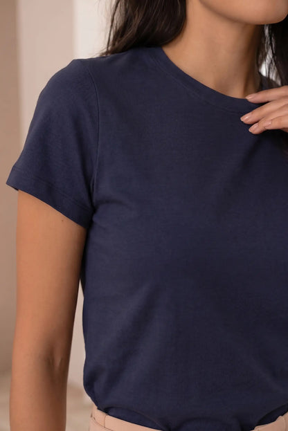 Camiseta Mujer Básica Azul Marino 100% Algodón Manga Corta