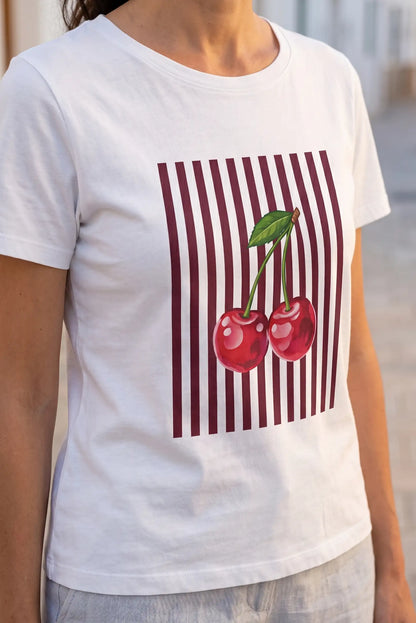 Camiseta Blanca de Mujer con Estampado de Cerezas y Rayas Chocolate