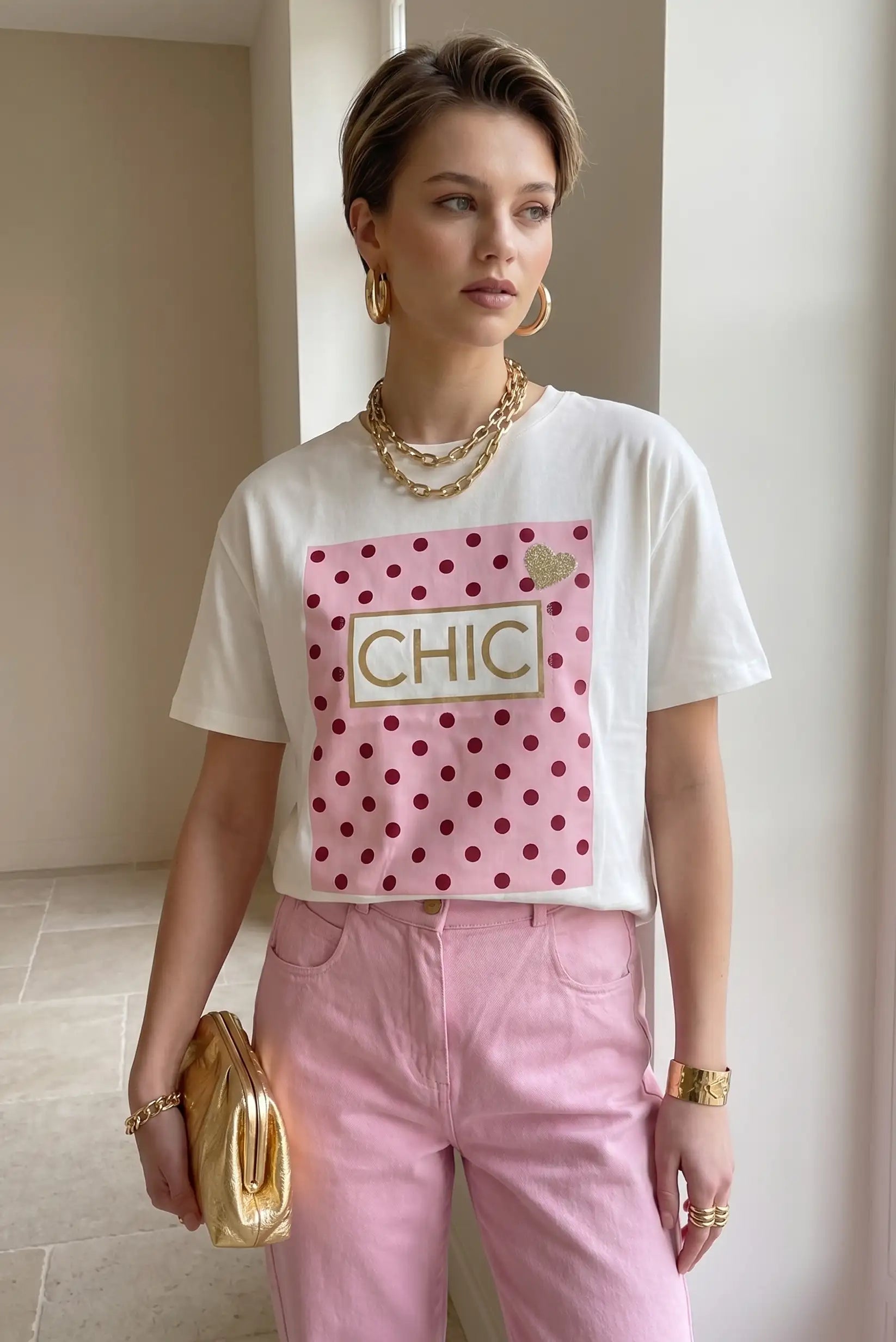 Mujer con camiseta blanca de manga corta con estampado rosa de topos y palabra CHIC, pantalón rosa y accesorios dorados
