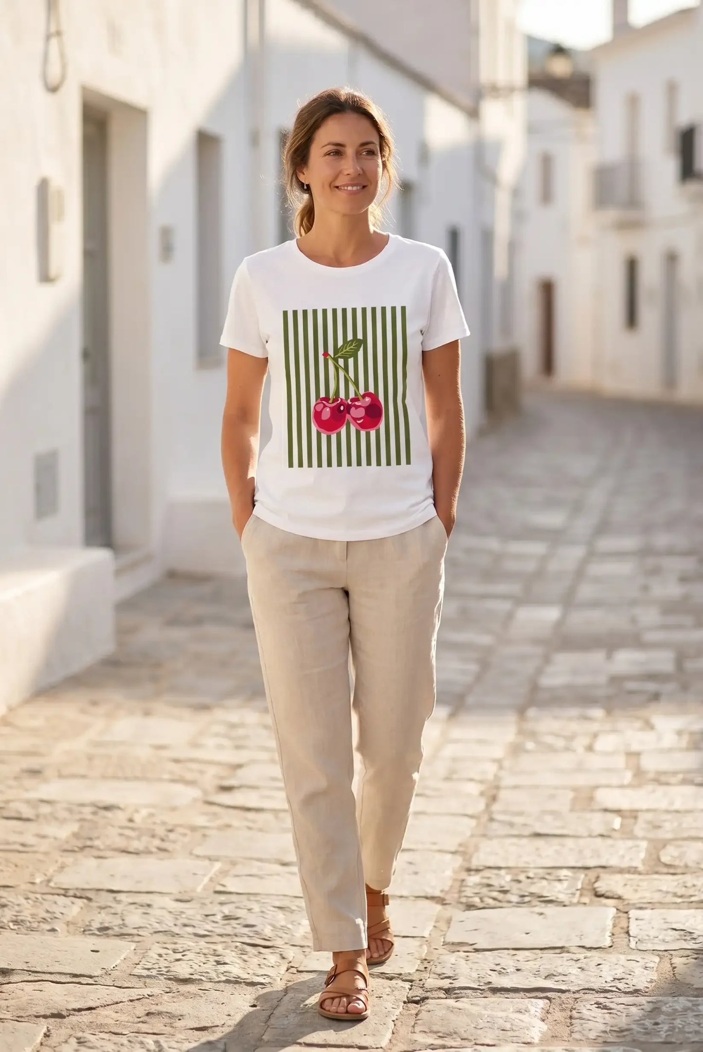 Camiseta blanca con estampado de cerezas y rayas verdes, ideal para looks casuales y estilosos en calles soleadas