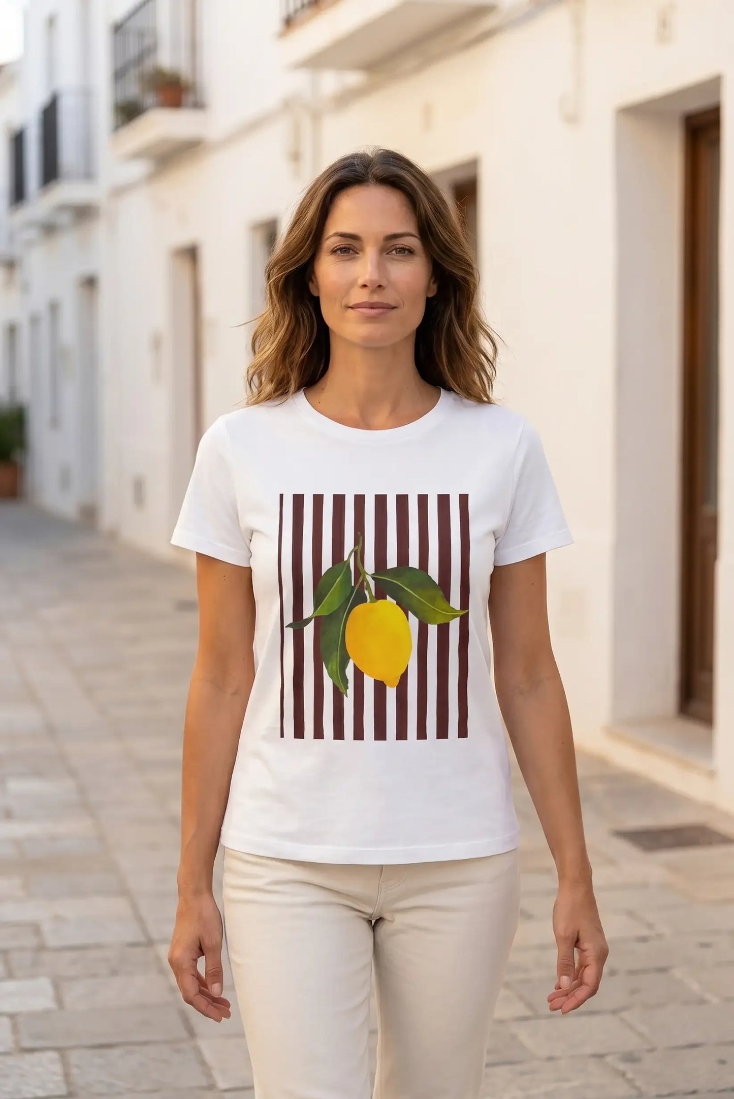 Camiseta blanca mujer con limón y rayas, estilo casual verano