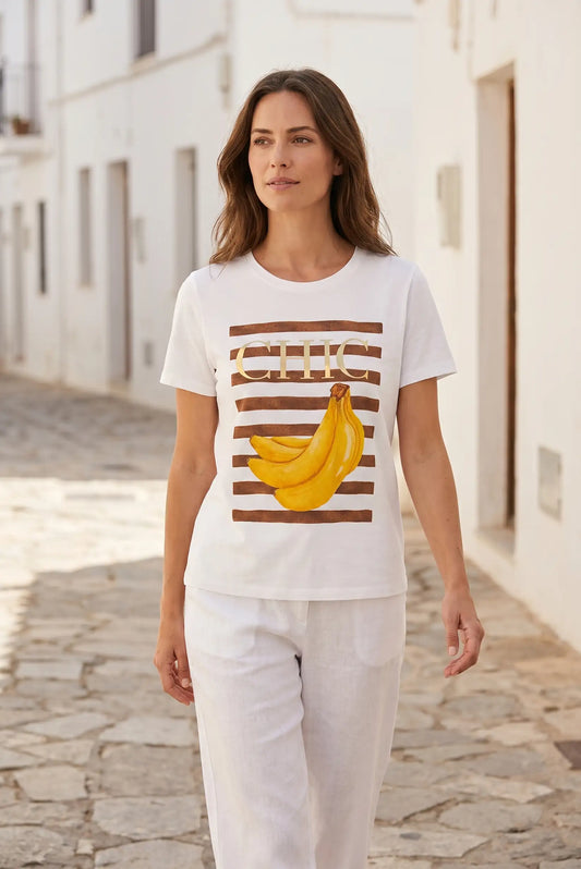 Camiseta Blanca Mujer Estampado Plátanos Chic