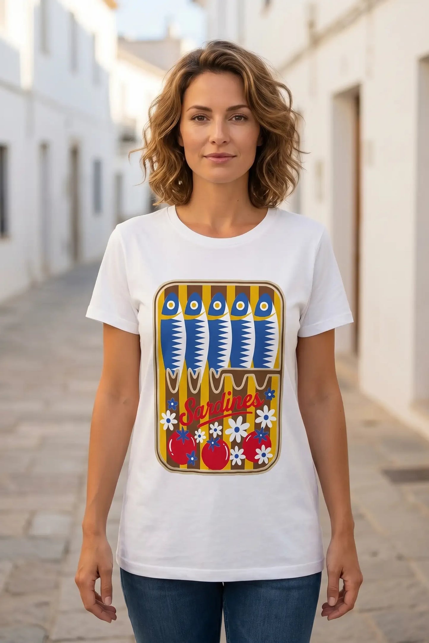 Camiseta blanca con estampado de sardinas y flores, ideal para looks casuales y estilosos