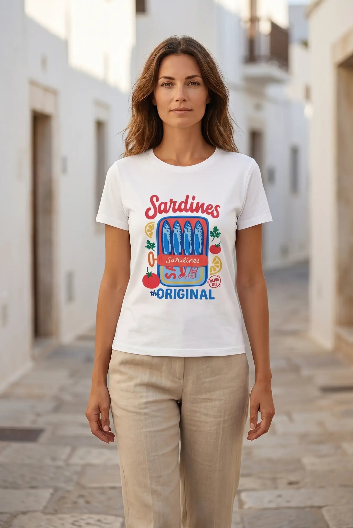 Camiseta blanca mujer con estampado de sardinas y aceite de oliva, estilo casual verano