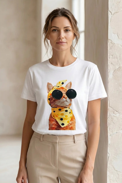 Mujer con camiseta blanca de manga corta, estampado de gato con gafas y pañuelo amarillo con lunares.