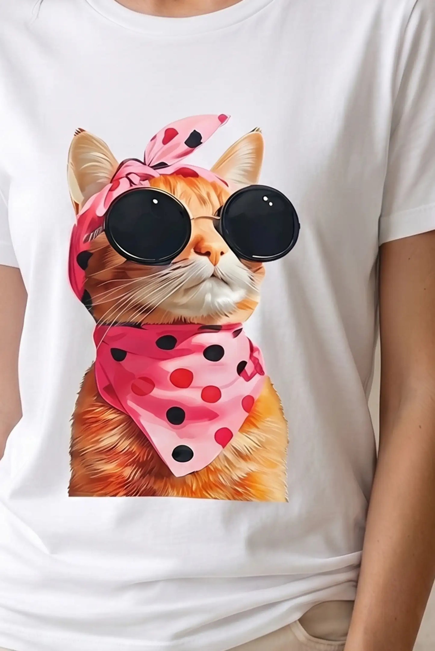 Camiseta blanca de mujer con estampado de gato naranja con gafas de sol y pañuelo rosa.