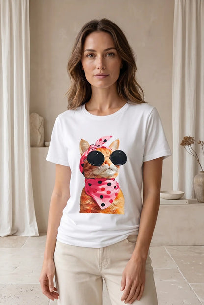 Mujer con camiseta blanca de manga corta con estampado de gato fashion con pañuelo rosa y gafas.