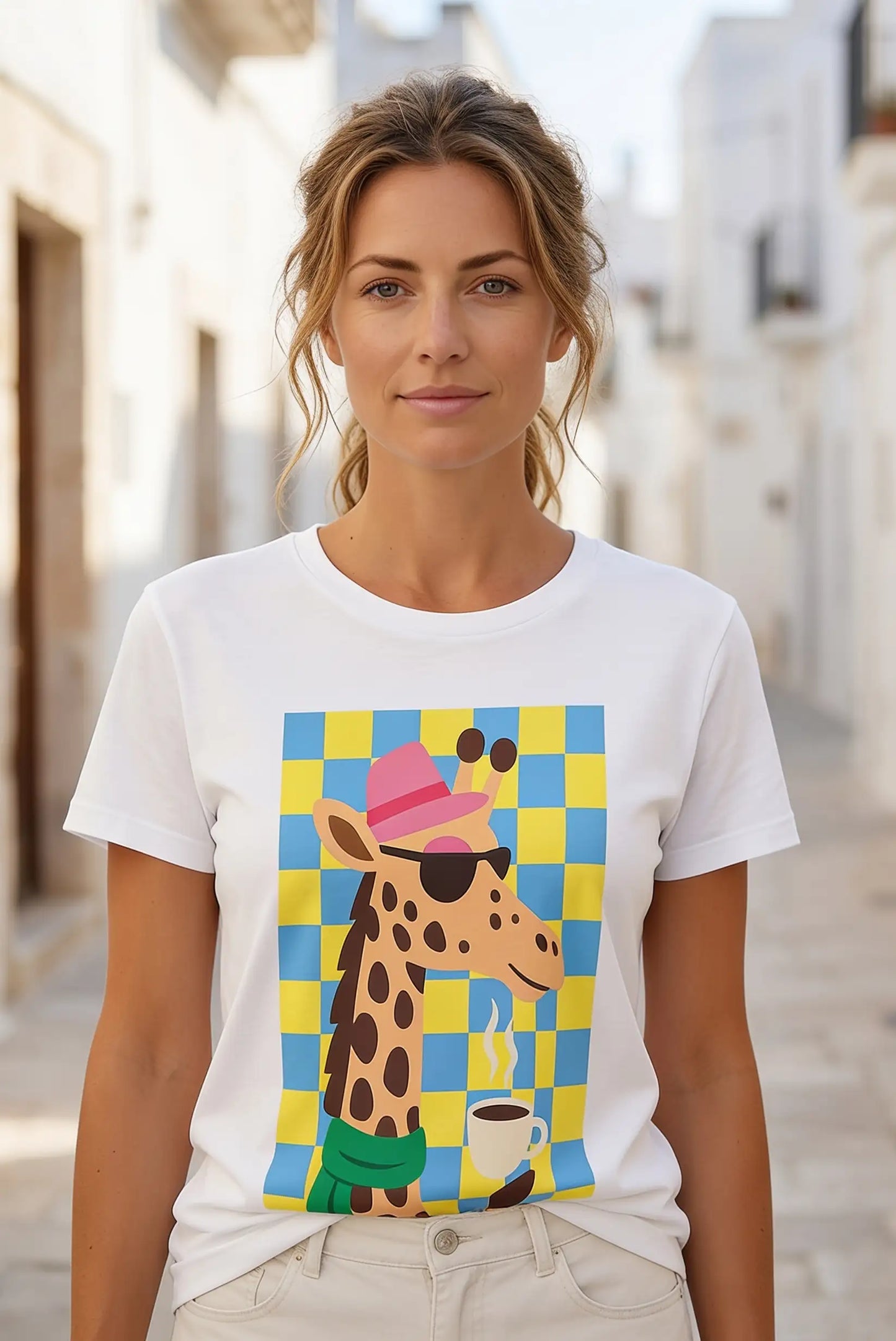 Camiseta blanca con jirafa estilizada, sombrero rosa y taza de café sobre fondo a cuadros azul y amarillo