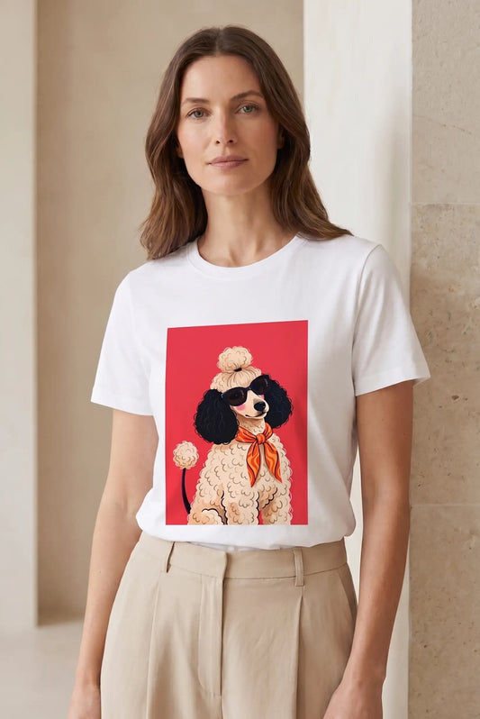 Mujer con camiseta blanca de manga corta estampada con dibujo de caniche rojo con gafas.