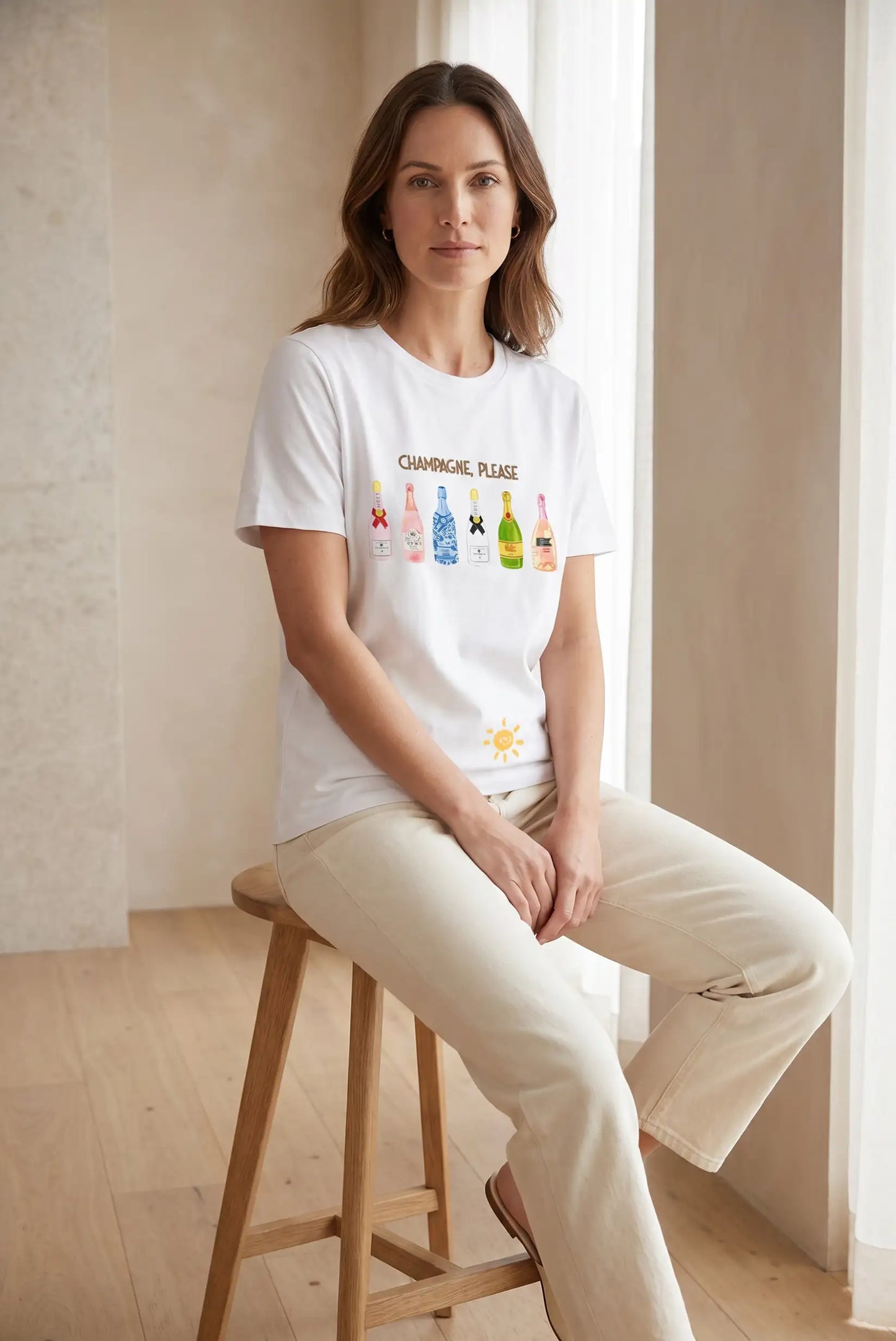 Camiseta Mujer Blanca Champagne Manga Corta 100% Algodón