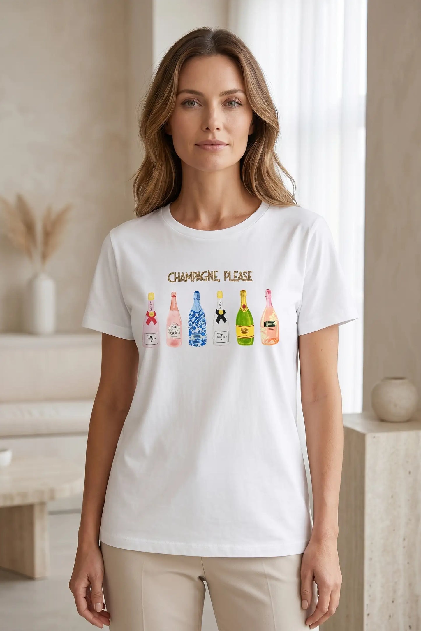 Camiseta Mujer Blanca Champagne Manga Corta 100% Algodón