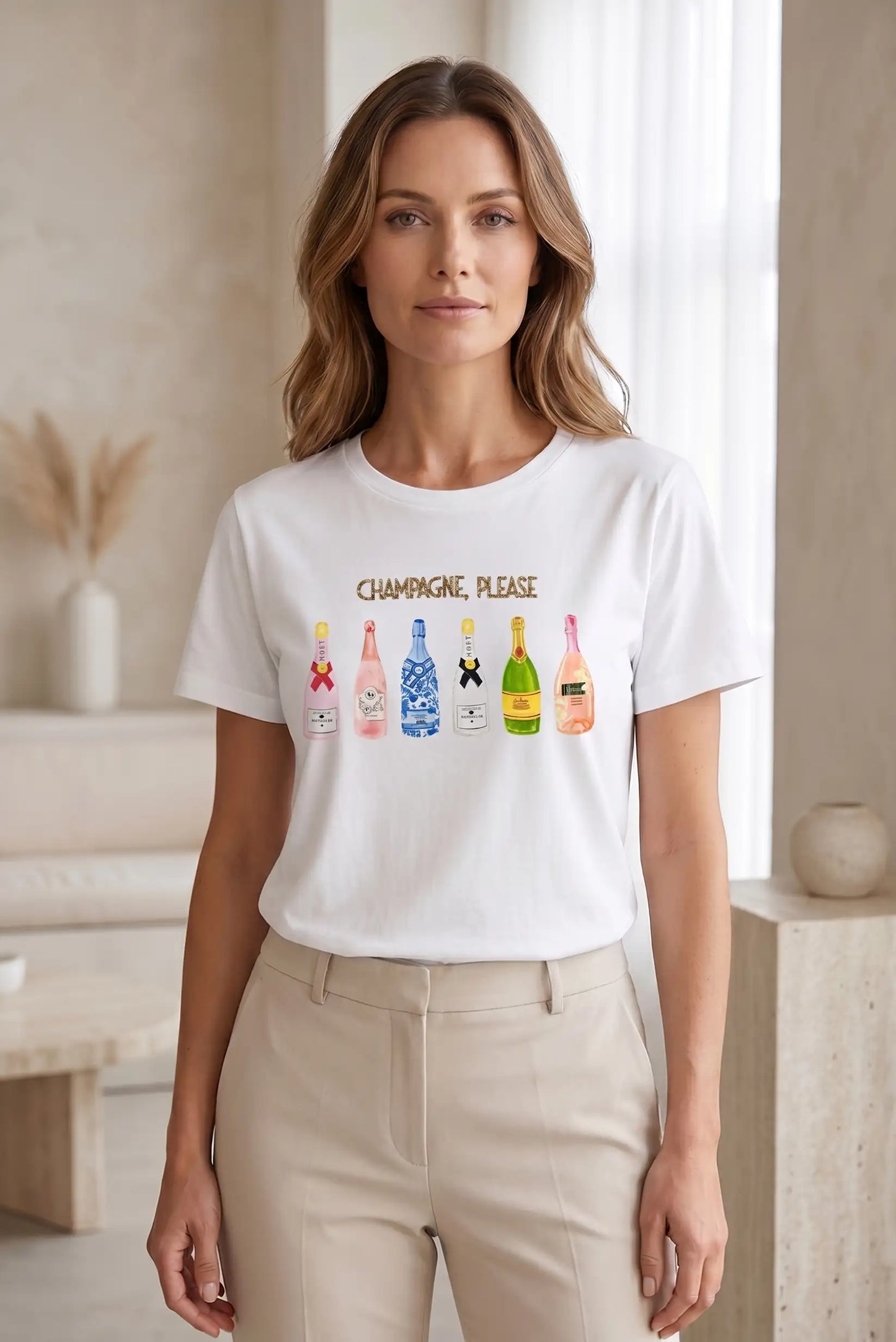 Camiseta Mujer Blanca Champagne Manga Corta 100% Algodón