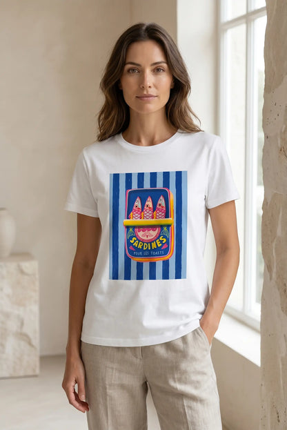 Camiseta Mujer Blanca Sardinas Azul Manga Corta