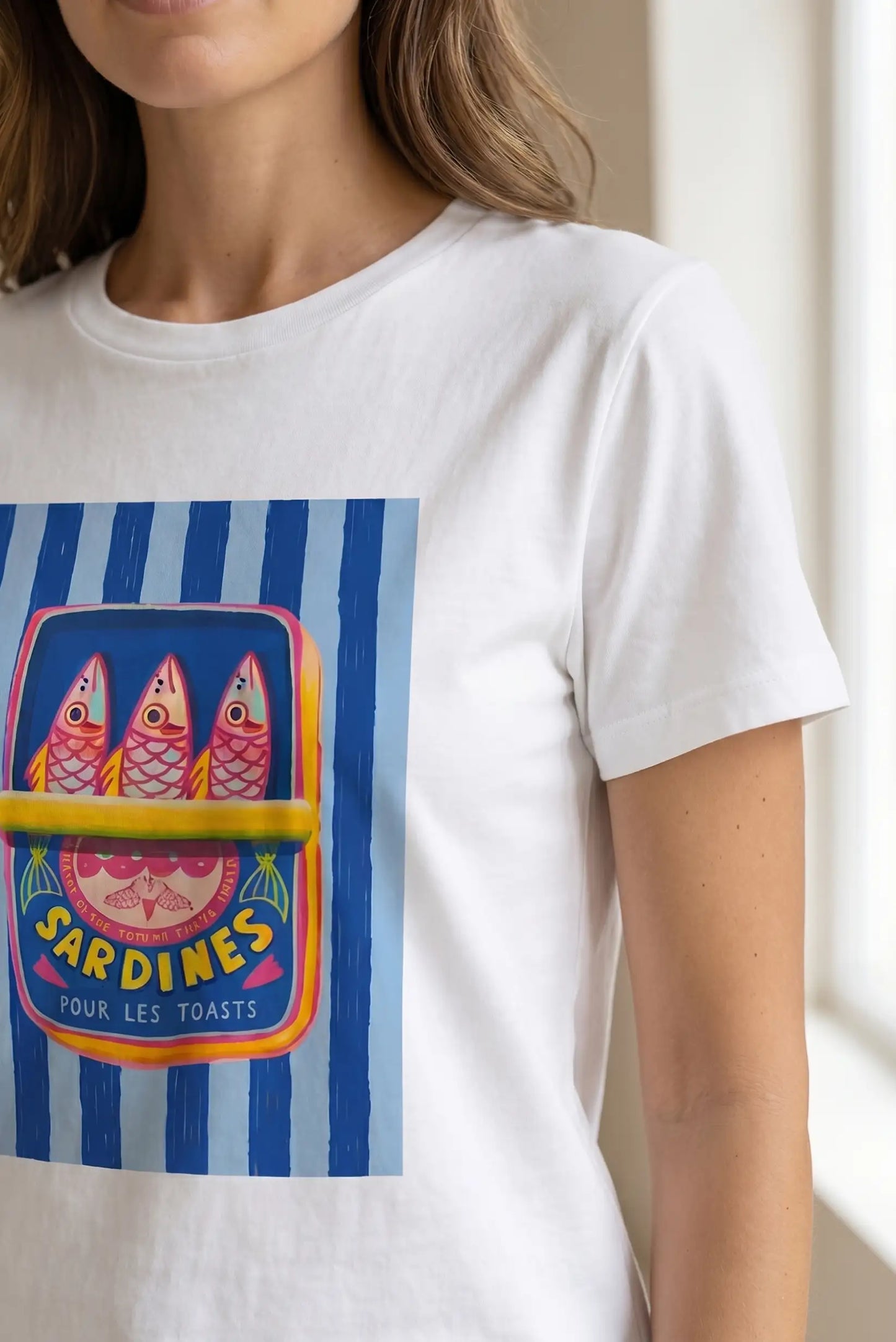 Camiseta Mujer Blanca Sardinas Azul Manga Corta