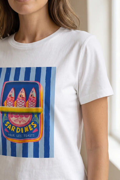 Camiseta Mujer Blanca Sardinas Azul Manga Corta