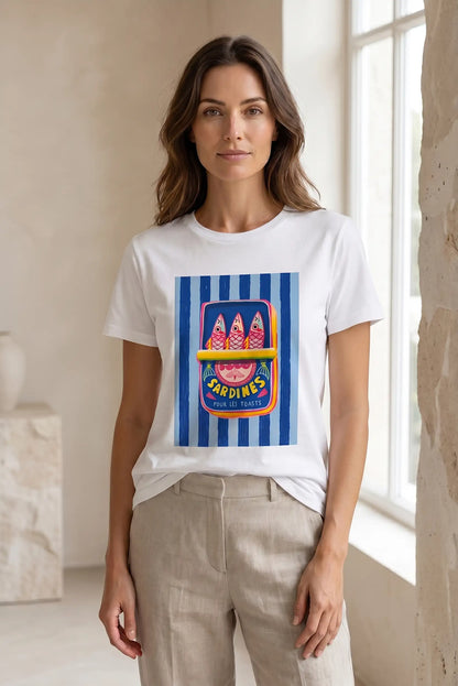 Camiseta Mujer Blanca Sardinas Azul Manga Corta