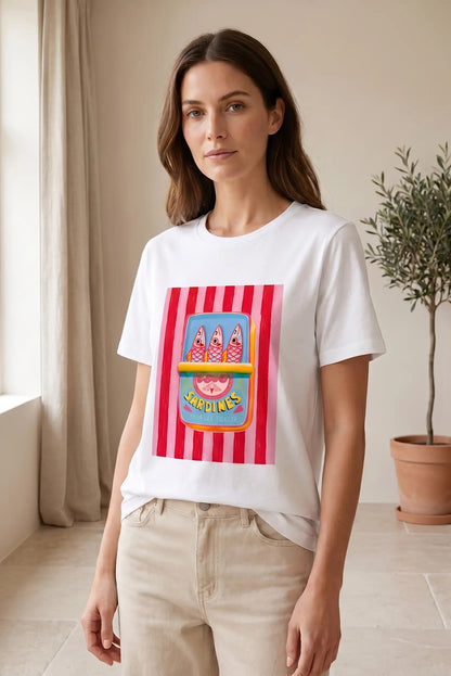Camiseta Mujer Blanca Sardinas Manga Corta