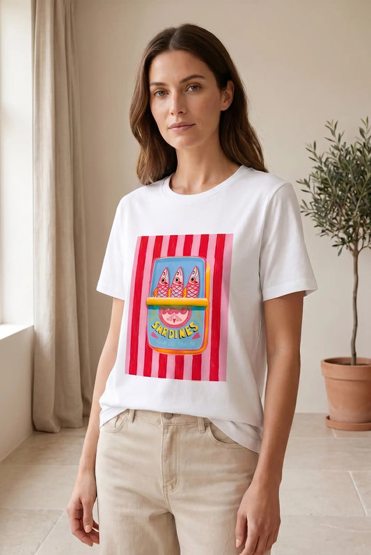 Camiseta Mujer Blanca Sardinas Manga Corta