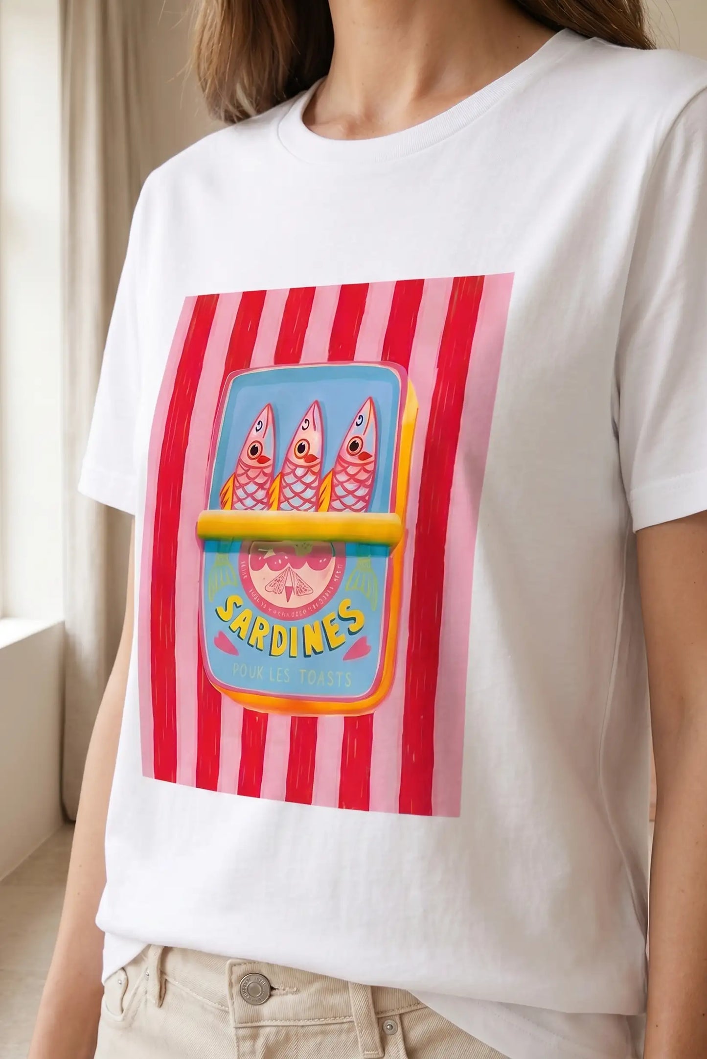 Camiseta Mujer Blanca Sardinas Manga Corta