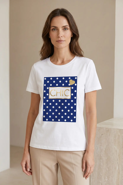 Camiseta Blanca Mujer Estampado CHIC Azul con Topos Dorados