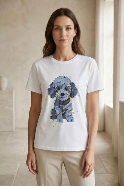 Camiseta blanca de mujer con dibujo de perrito azul, look primaveral casual