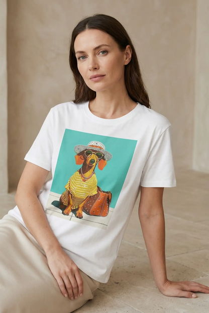 Mujer con camiseta blanca de primavera con dibujo de perro salchicha con gafas y sombrero.