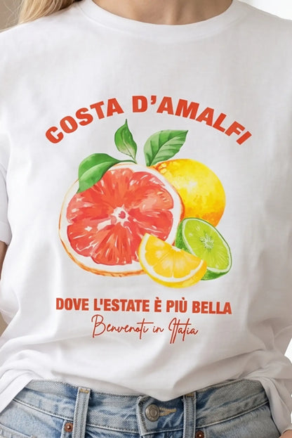 Camiseta blanca de mujer con estampado de frutas cítricas y texto Costa d'Amalfi