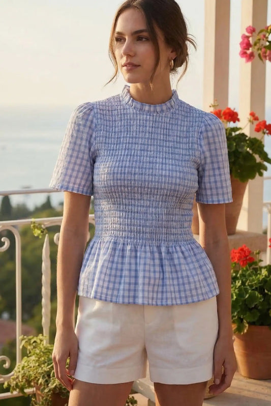 Blusa Mujer Cuadros Vichy Azul Fruncida camisa Primavera