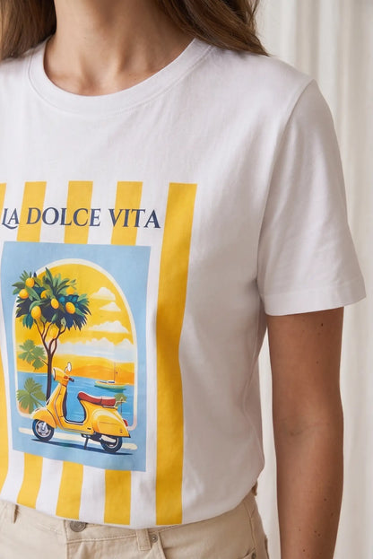 Camiseta Mujer Blanca La Dolce Vita Manga Corta Algodón