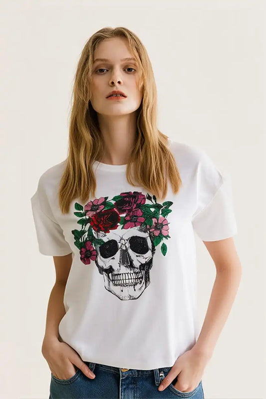 Camiseta manga corta blanca mujer calaveras y rosas - CHICA del Sur