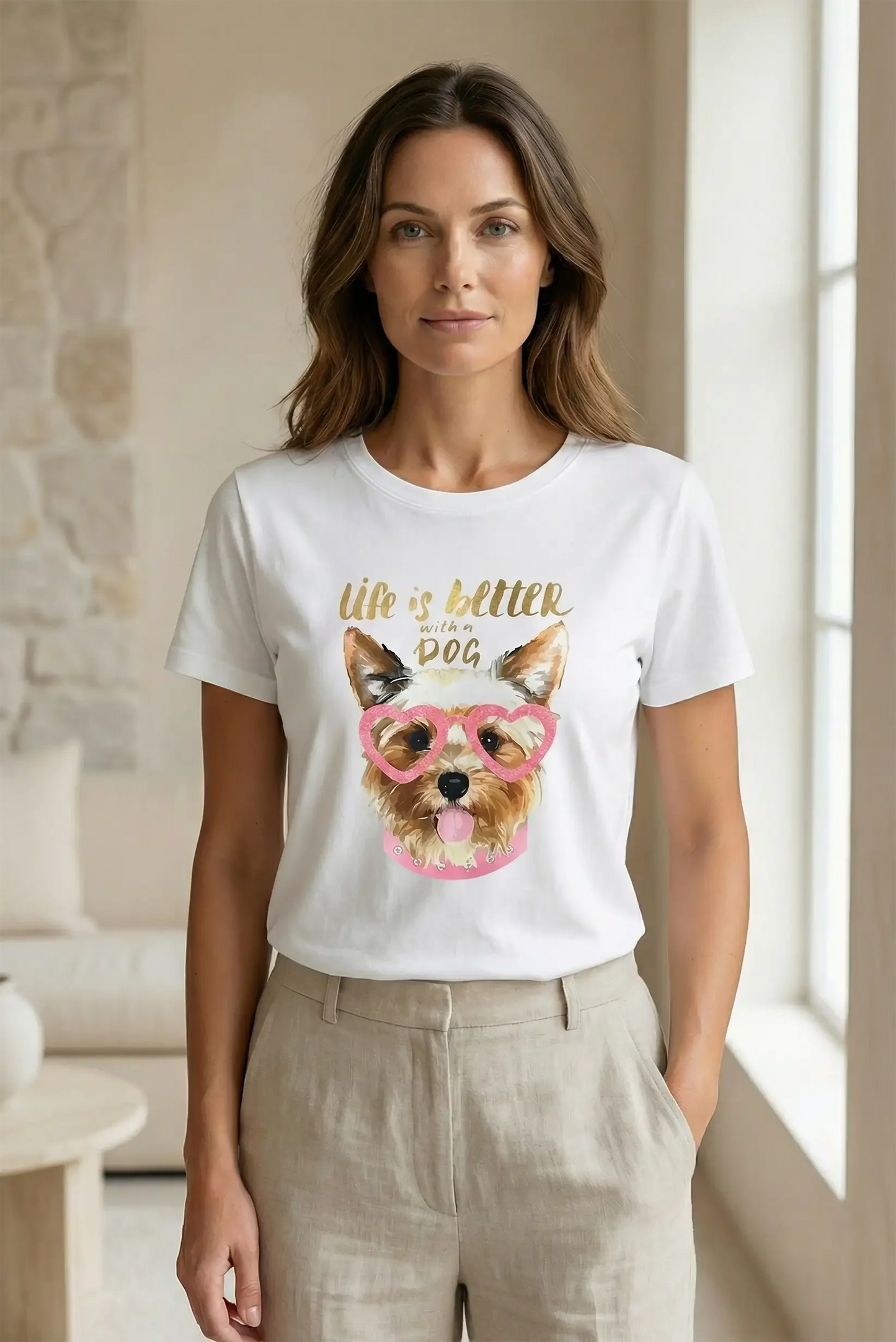 Mujer con camiseta blanca de manga corta estampada con perro y gafas rosas, look casual.