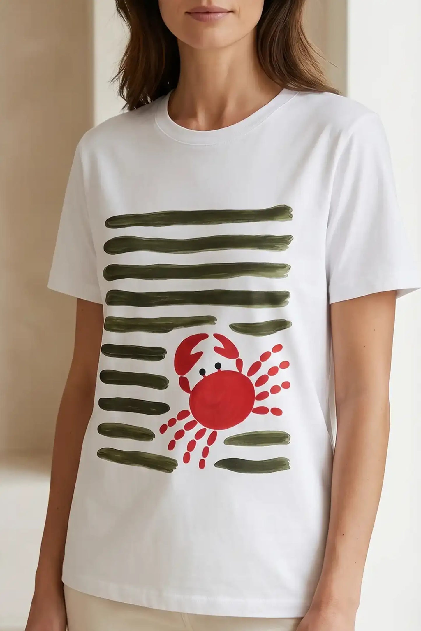Camiseta Blanca Mujer Estampado Cangrejo Rojo Estilo Marinero