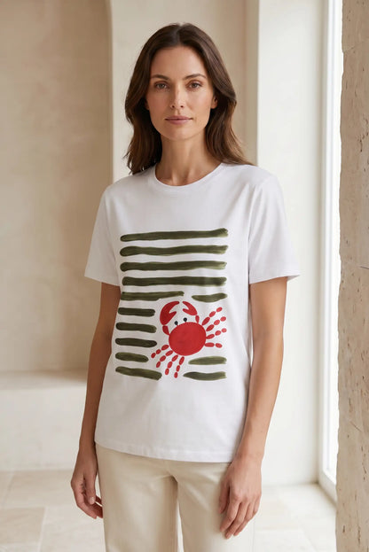 Camiseta Blanca Mujer Estampado Cangrejo Rojo Estilo Marinero