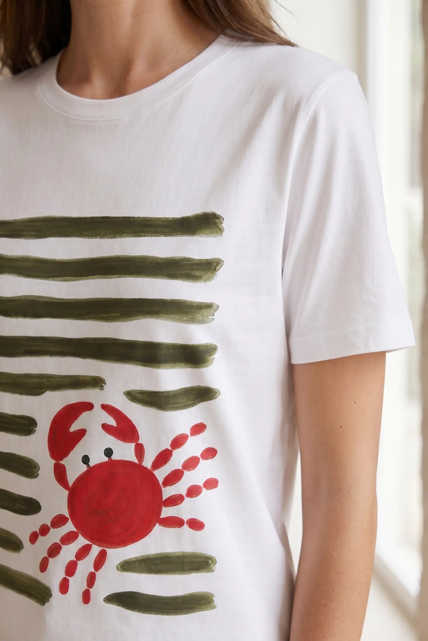 Camiseta Blanca Mujer Estampado Cangrejo Rojo Estilo Marinero