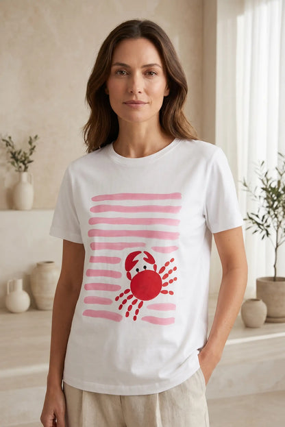 Camiseta Blanca Mujer Estampado Cangrejo Rosa Manga Corta
