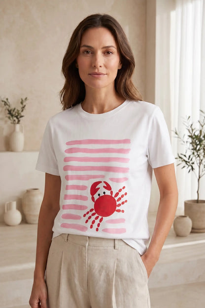 Camiseta Blanca Mujer Estampado Cangrejo Rosa Manga Corta