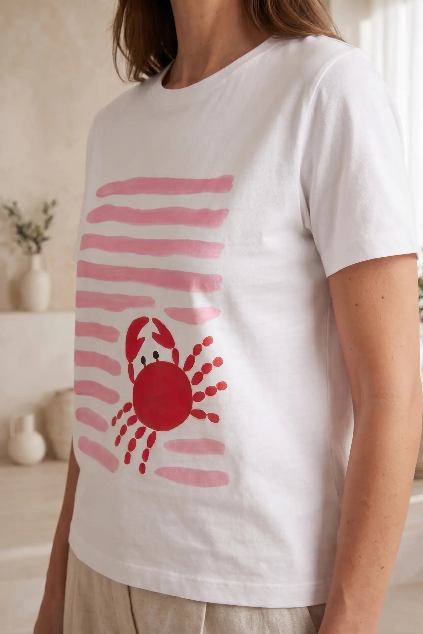 Camiseta Blanca Mujer Estampado Cangrejo Rosa Manga Corta