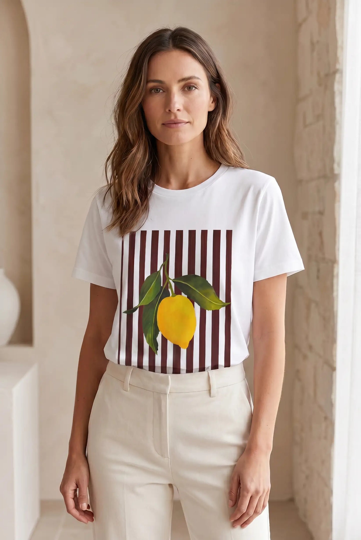 Camiseta Blanca Mujer Estampado Limón y Rayas Marrón Chocolate