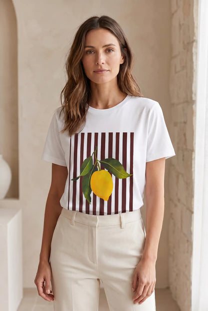 Camiseta Blanca Mujer Estampado Limón y Rayas Marrón Chocolate