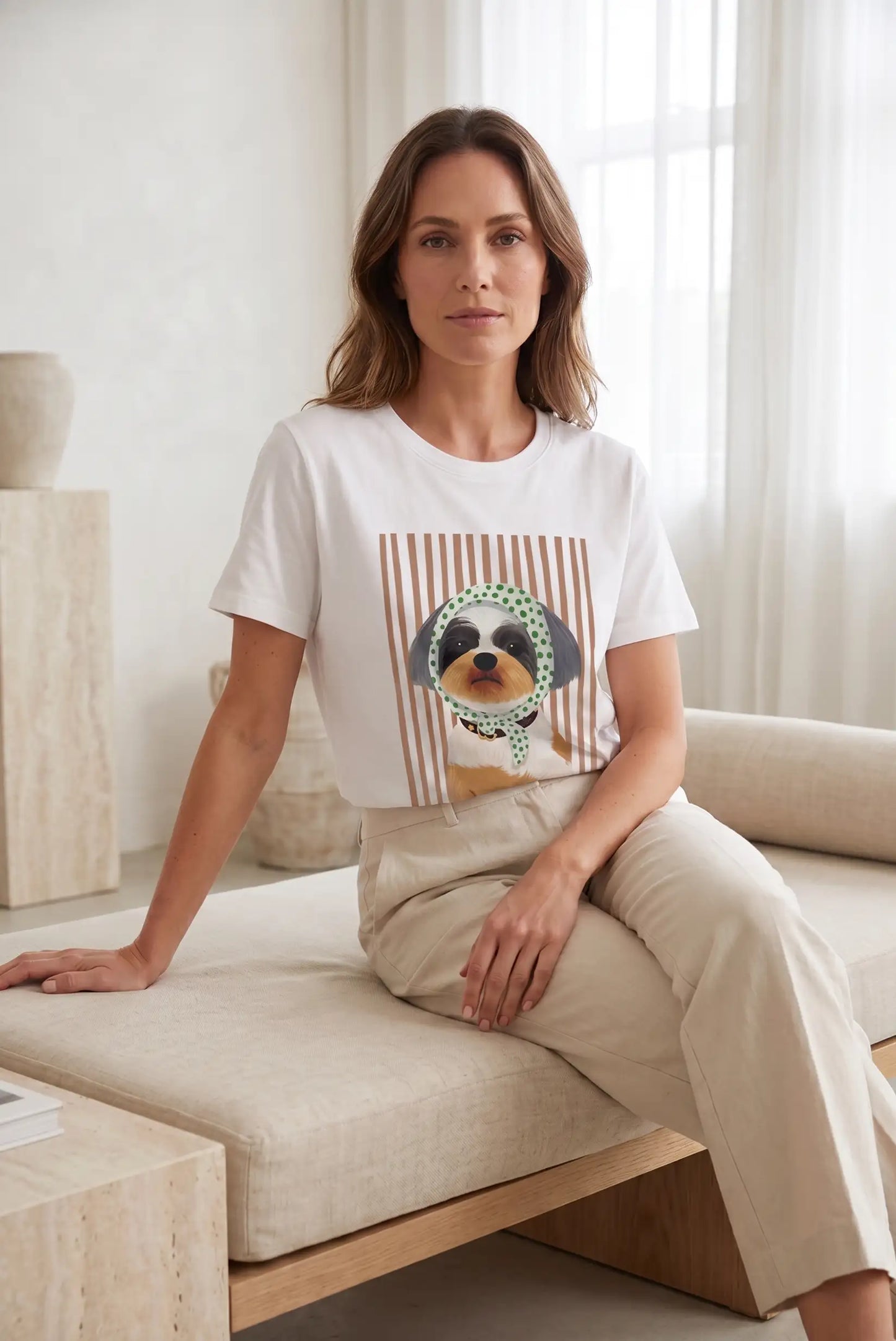 Camiseta Blanca Mujer Estampado Perrito con Pañuelo Verde